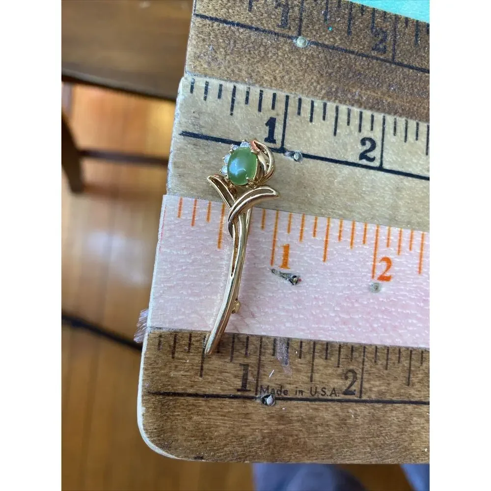 Vintage Gold Tone Pronged Jade Faux Diamonds Brooch Green Flower Pin